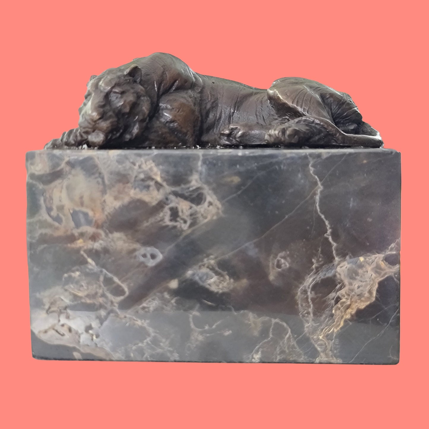 laying Tiger Bronze Sculpture on Marble Base