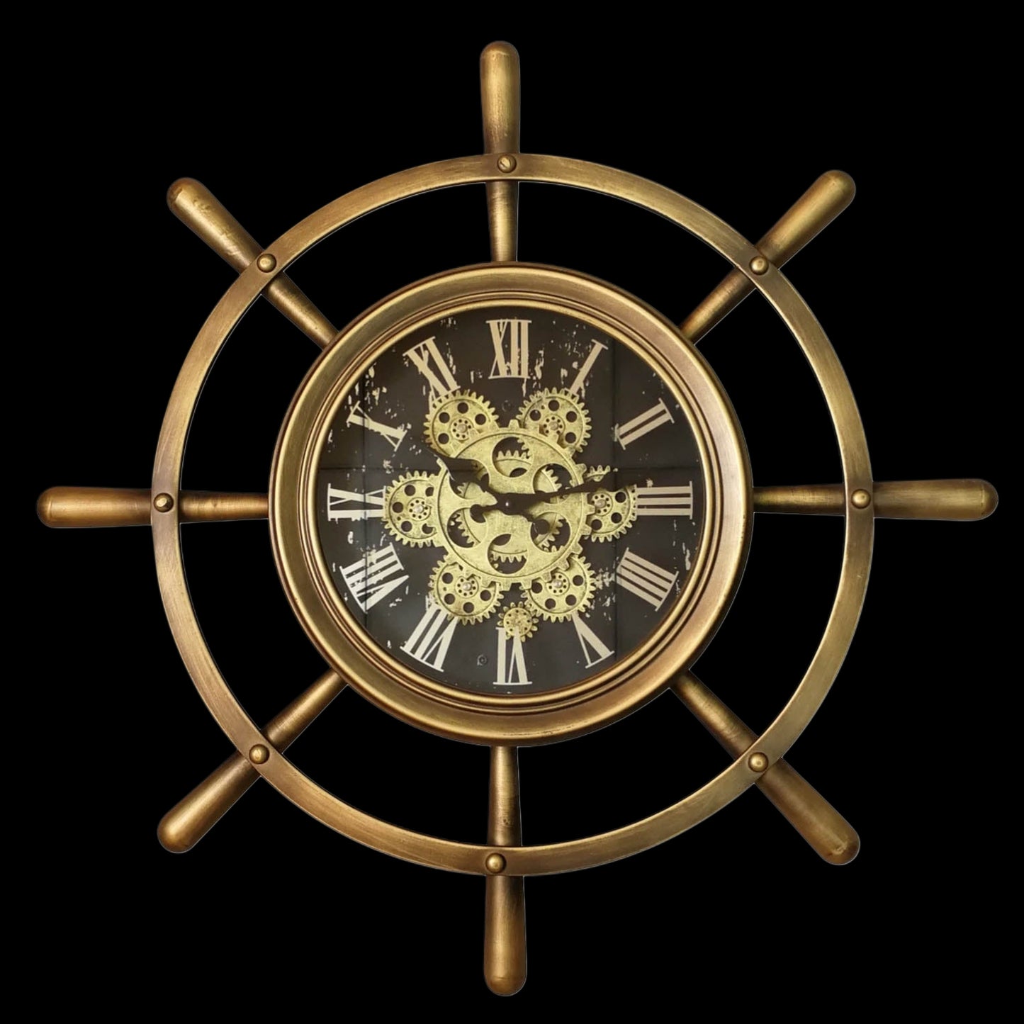 Golden Metal  Boat Wheel 68 Cm Roman Numeral Gear Moving Wall Clock