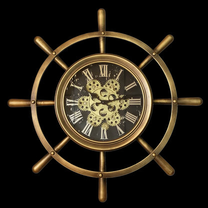 Golden Metal  Boat Wheel 68 Cm Roman Numeral Gear Moving Wall Clock