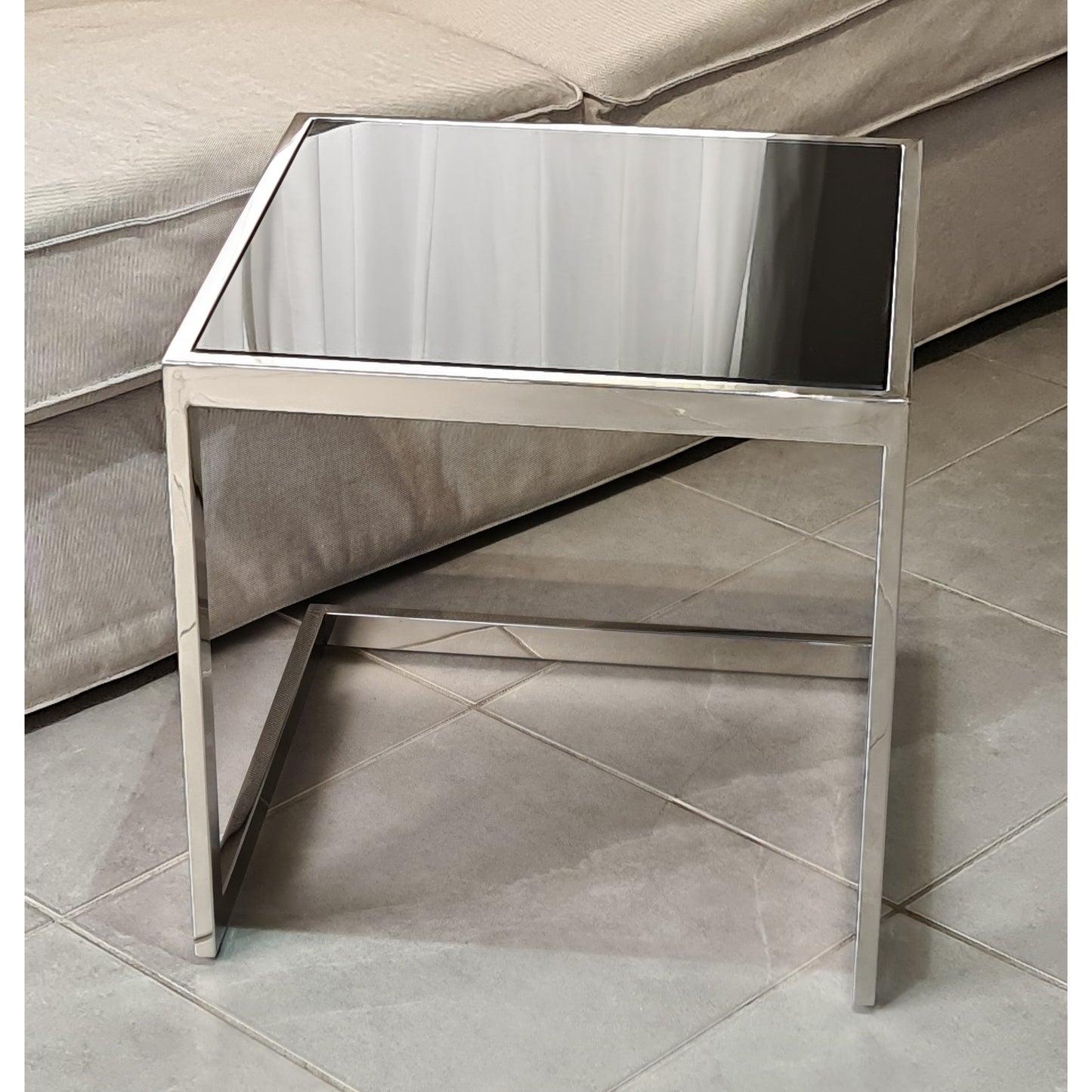 Malie Polished Stainless Steel Sid Table with Black Tempered Glass