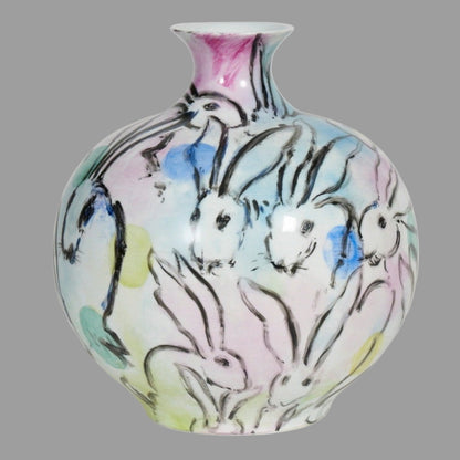 Large Hand Painted Vase Rabbits Grazing