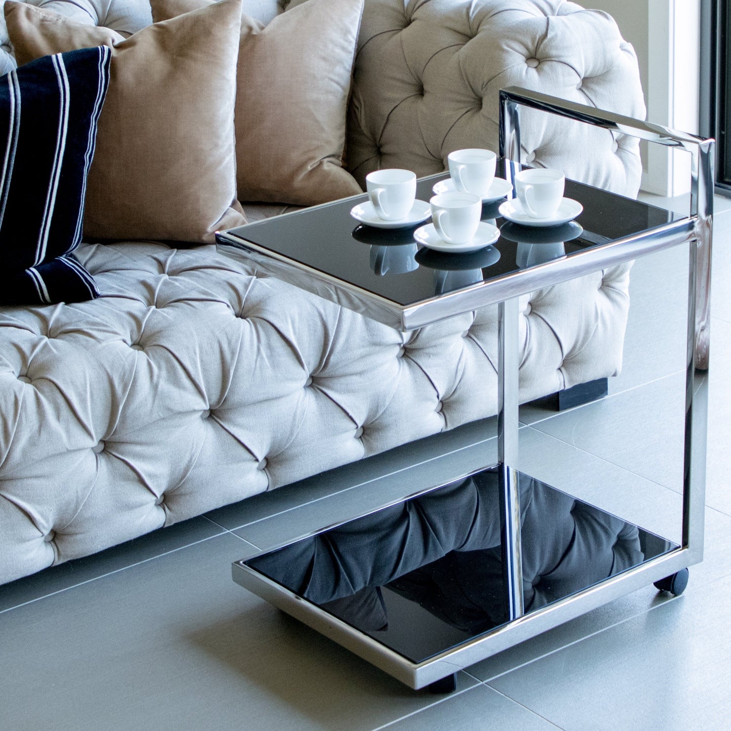 Jamie Stainless Steel Side Table/Trolley with Black Tempered Glass