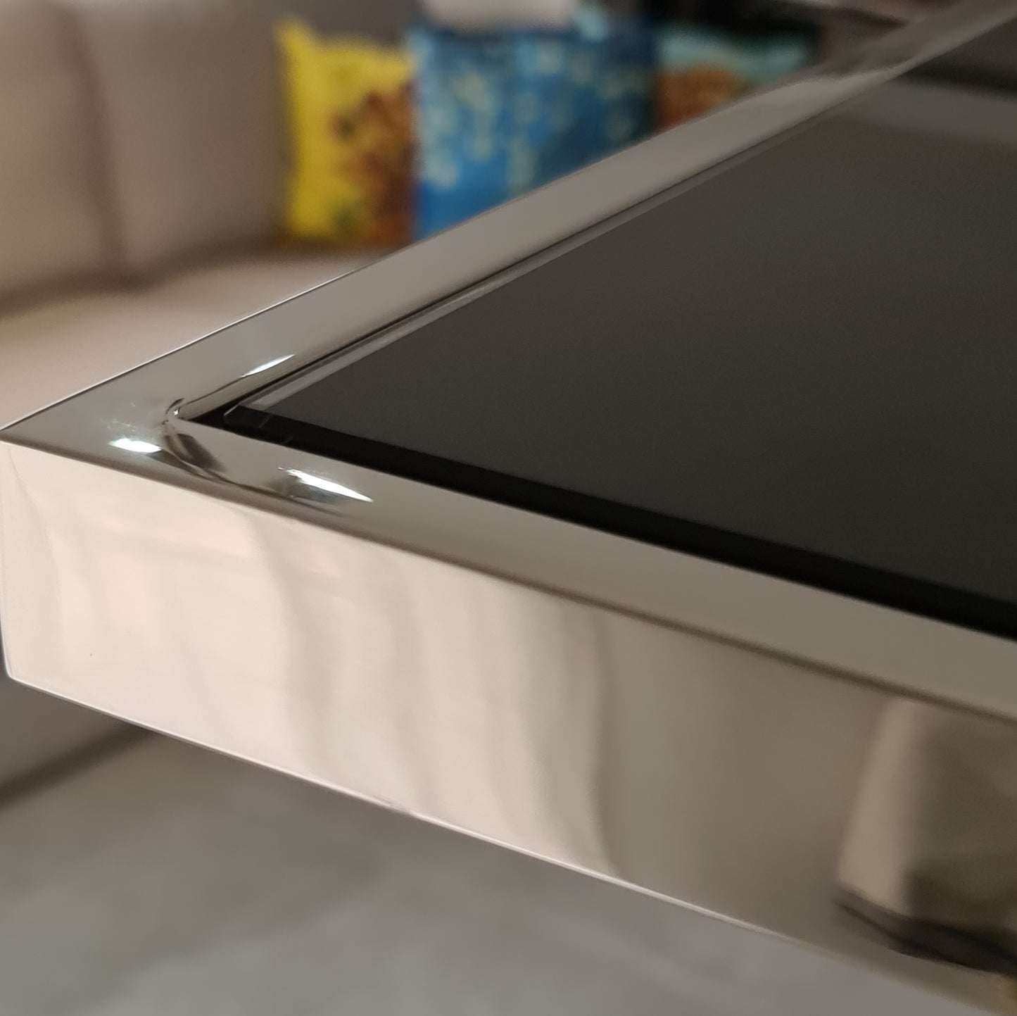 Stella Mirror Polished Stainless Steel Side Table with Black Tempered Glass