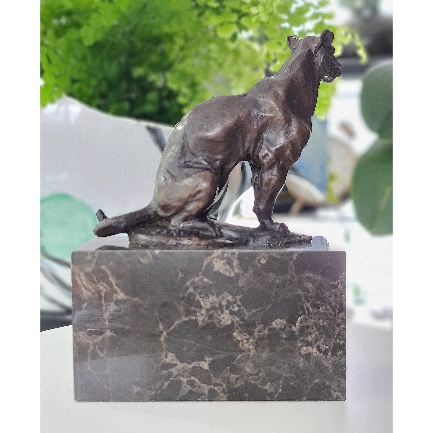   African Lion,Leopard, Cougar Bronze Sculpture On Marble Base 