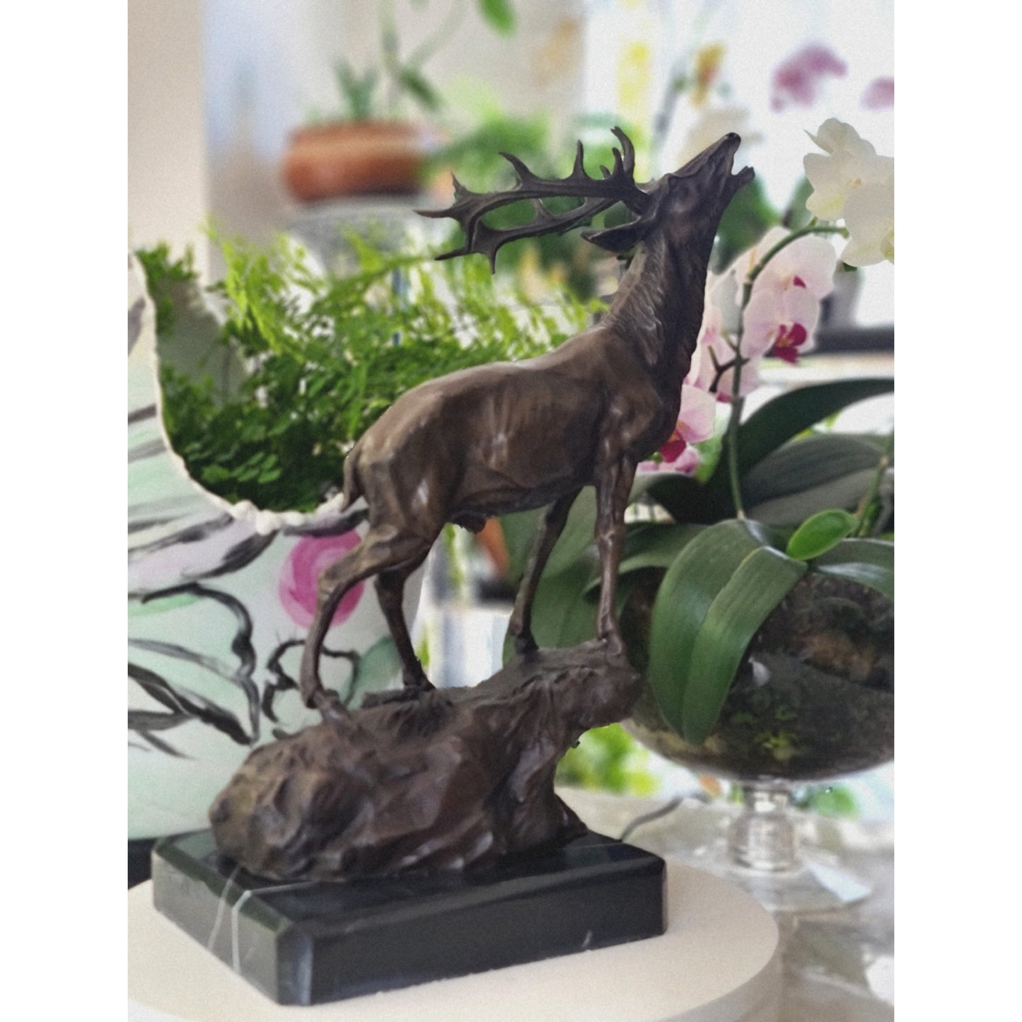 Art Elk Stag Buck Deer Hunter Bronze Marble Base Sculpture