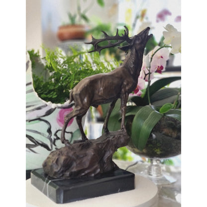 Art Elk Stag Buck Deer Hunter Bronze Marble Base Sculpture