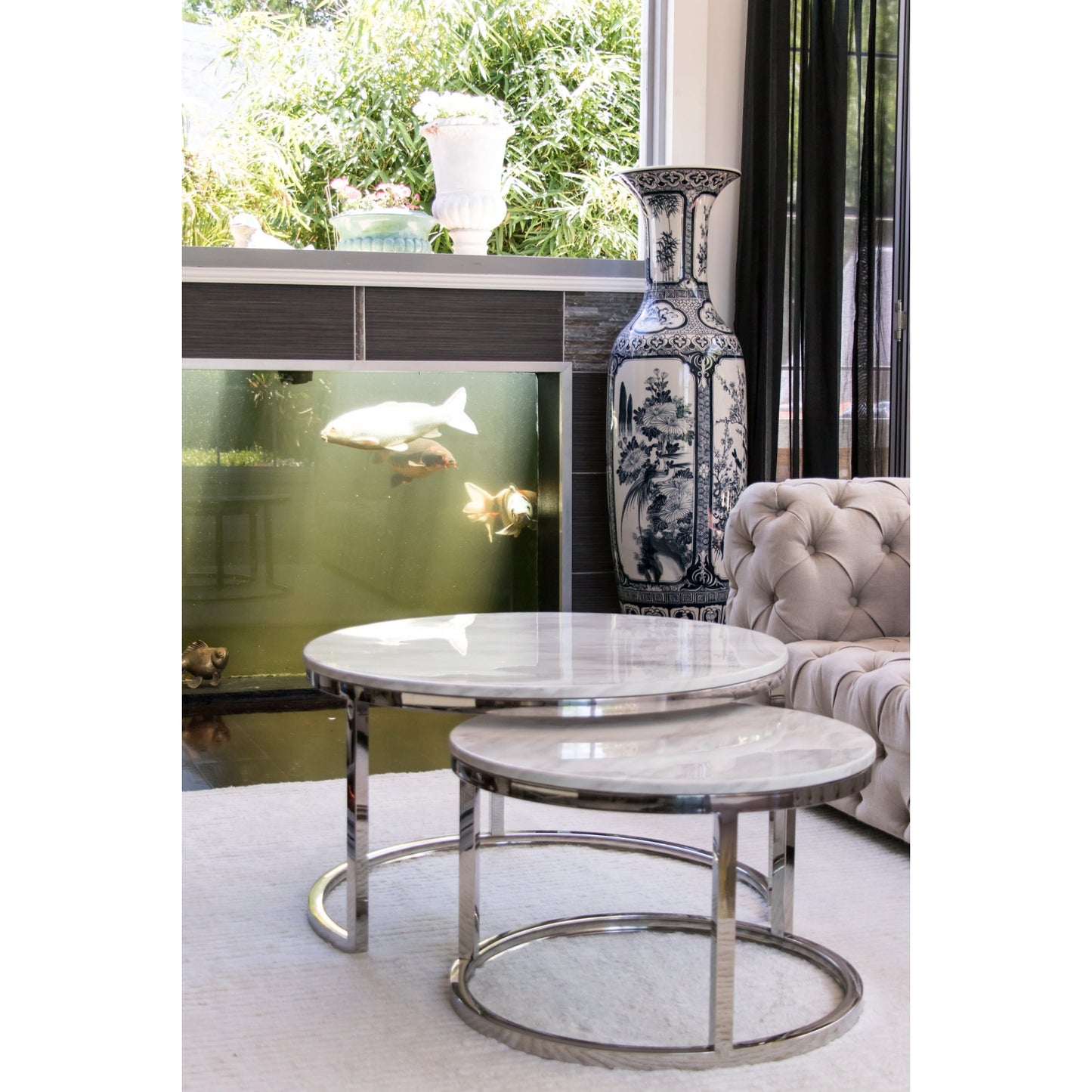 Edgar Mirror Polished Stainless Steel Table with White Marble Top