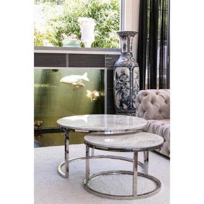 Edgar Mirror Polished Stainless Steel Table with White Marble Top