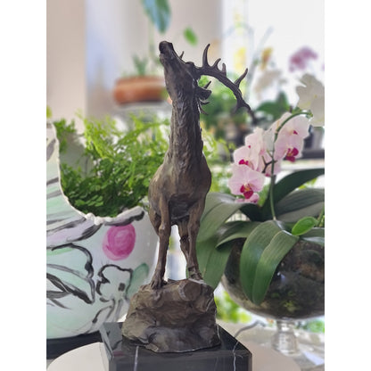 Art Elk Stag Buck Deer Hunter Bronze Marble Base Sculpture