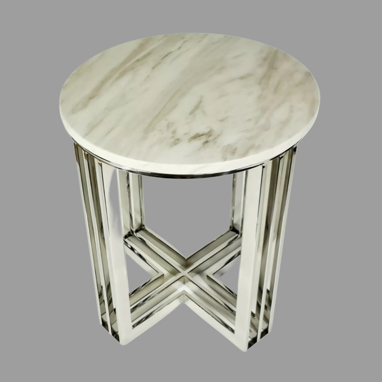 Royal Mirror Polished Stainless Steel Side Table with White Marble Top