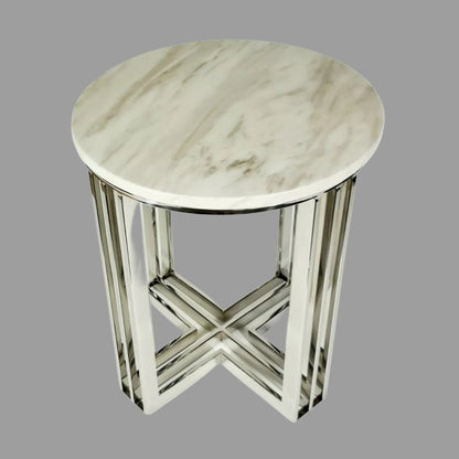 Royal Mirror Polished Stainless Steel Side Table with White Marble Top