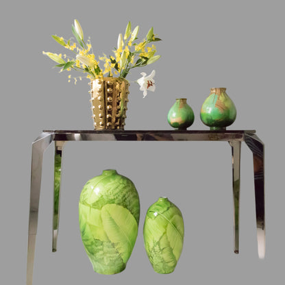Handpaintned, Handmade Wooden Vase: Gold & Green