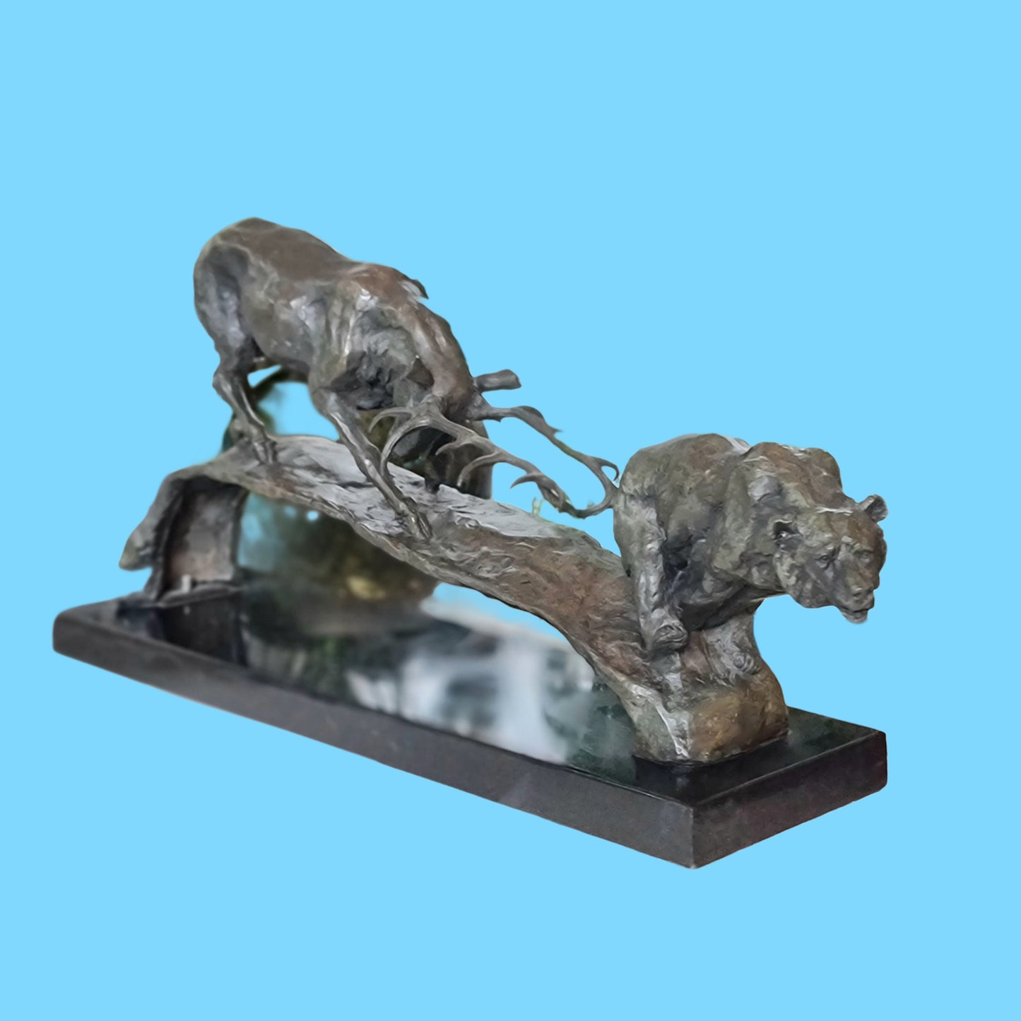 Elk vs Bear Bronze and Marble Sculpture