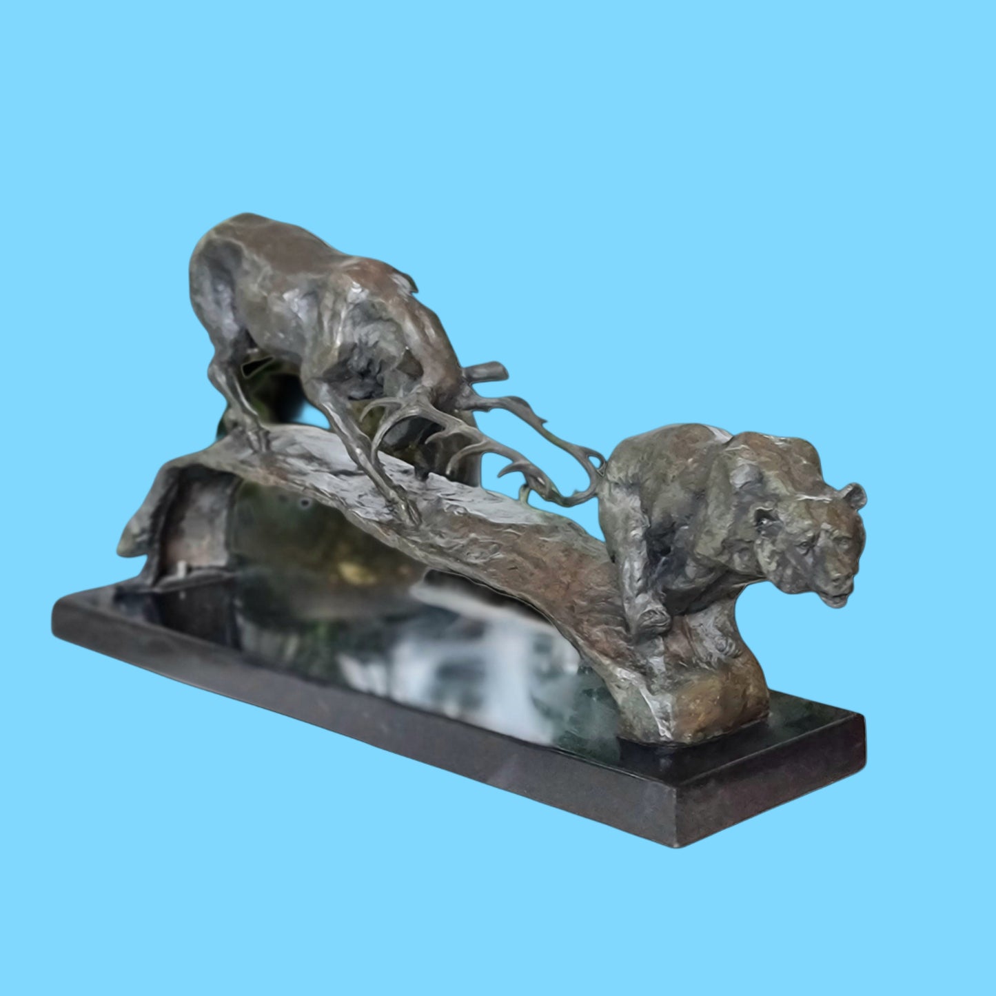Elk vs Bear Bronze and Marble Sculpture