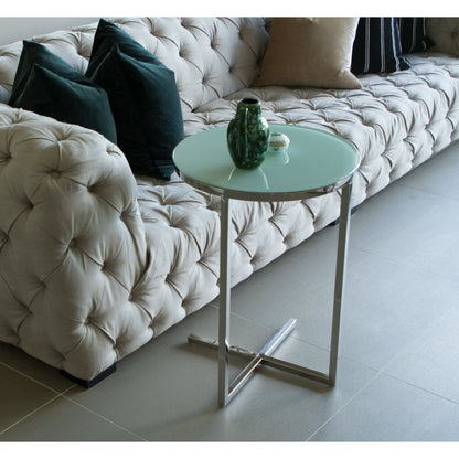 Zara Mirror Polished Stainless Steel Side Table with White Tempered Glass