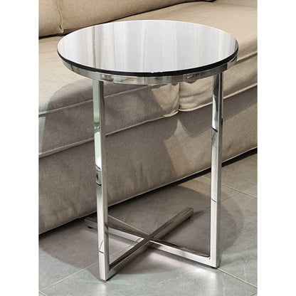 Zara Mirror Polished Stainless Steel Side Table with Black Tempered Glass