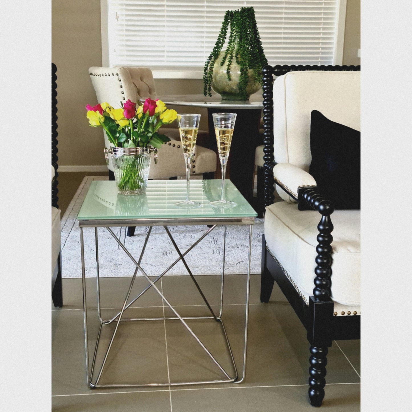 Avesta Mirror Polished Stainless Steel Side Table with White Glass Top