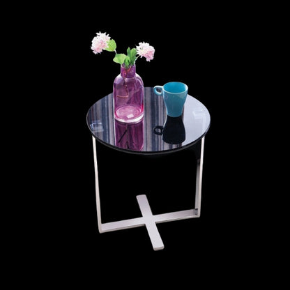 Sari Mirror Polished Stainless Steel End Table with Black tempered Glass.