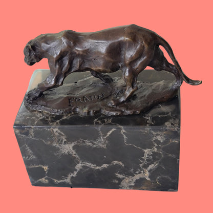 Leopard Cougar Bronze Sculpture On Marble Base