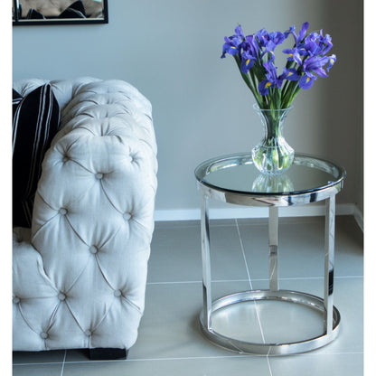 Tela Polished Stainless Steel Side Table with White or Clear Tempered Glass Top