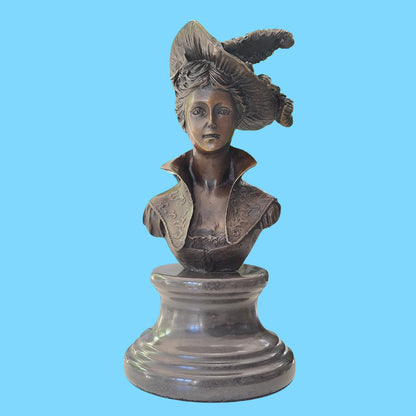 Victorian Portrait Lady Woman Hat Bust Bronze Marble Statue Sculpture