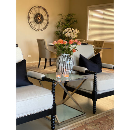 Nela Polished Stainless Steel Side Table W/ White Tempered Glass