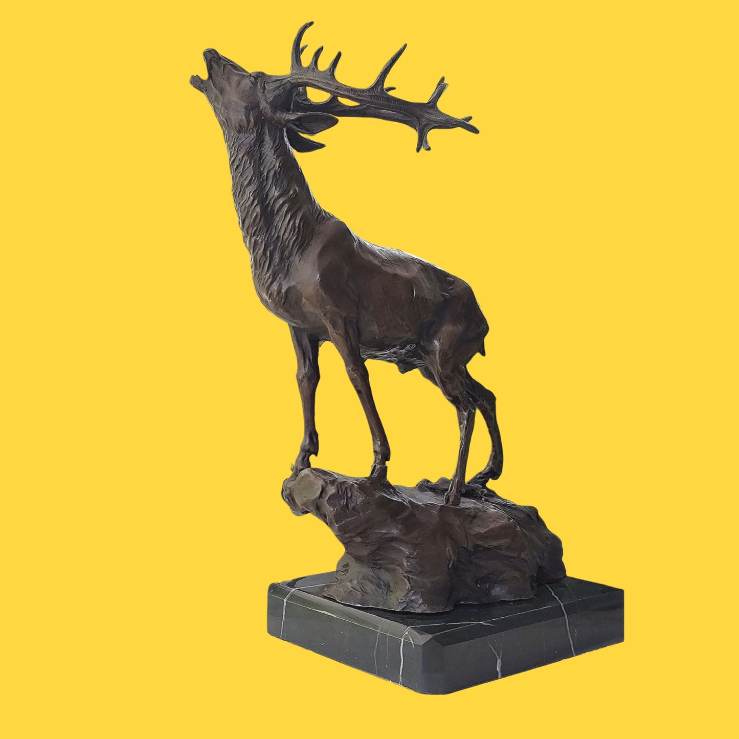 Art Elk Stag Buck Deer Hunter Bronze Marble Base Sculpture