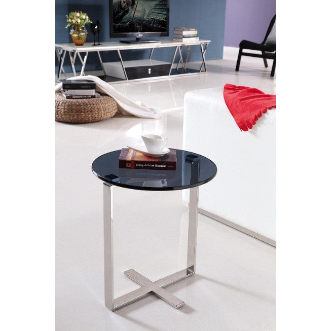 Sari Mirror Polished Stainless Steel End Table with Black tempered Glass.