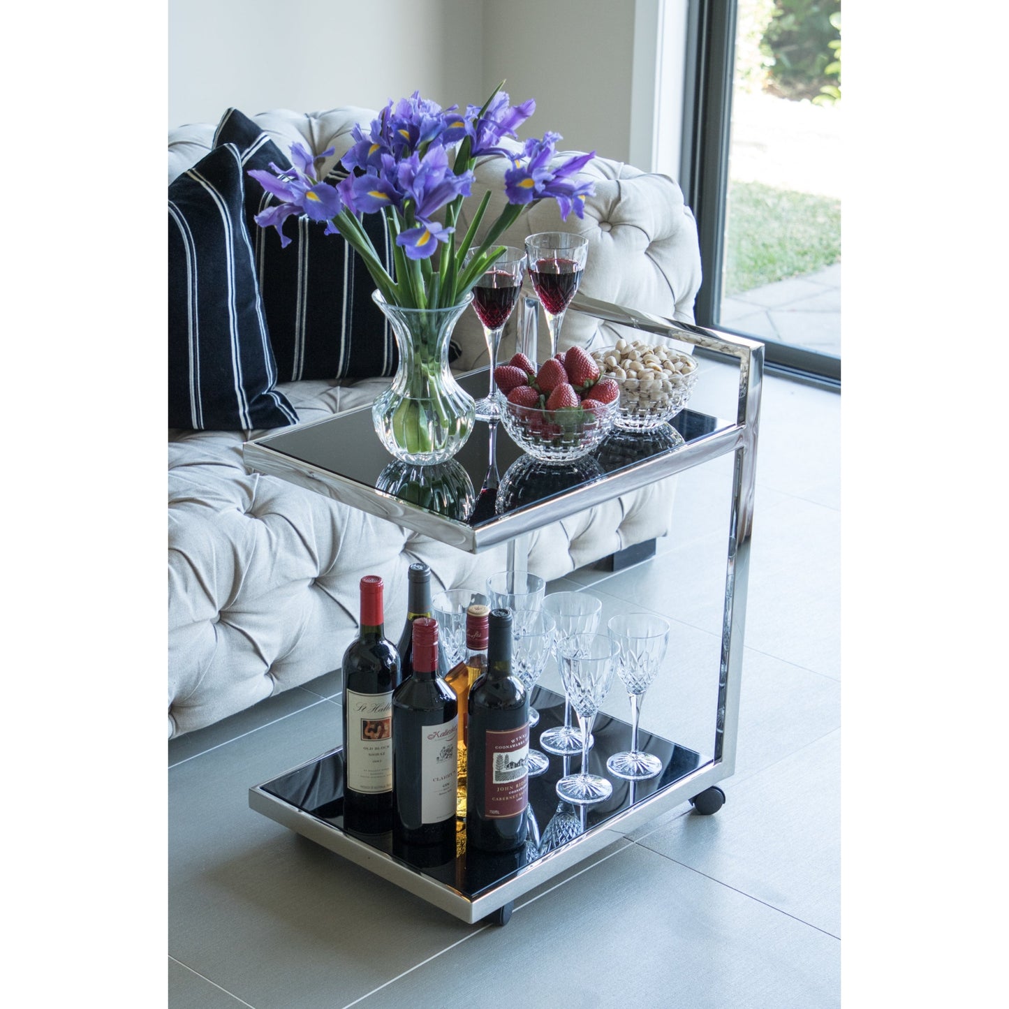 Jamie Stainless Steel Side Table/Trolley with Black Tempered Glass