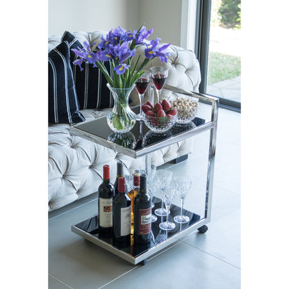 Jamie Stainless Steel Side Table/Trolley with Black Tempered Glass