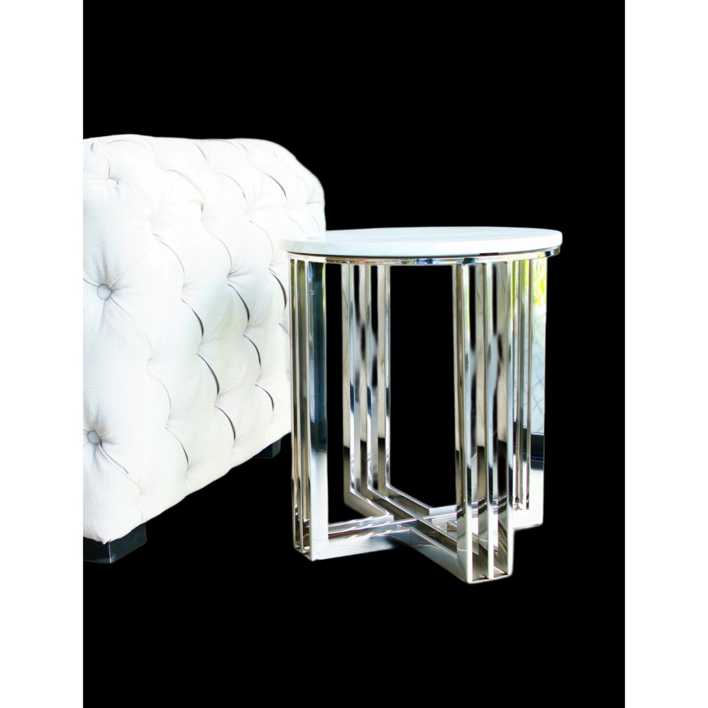 Royal Mirror Polished Stainless Steel Side Table with White Marble Top