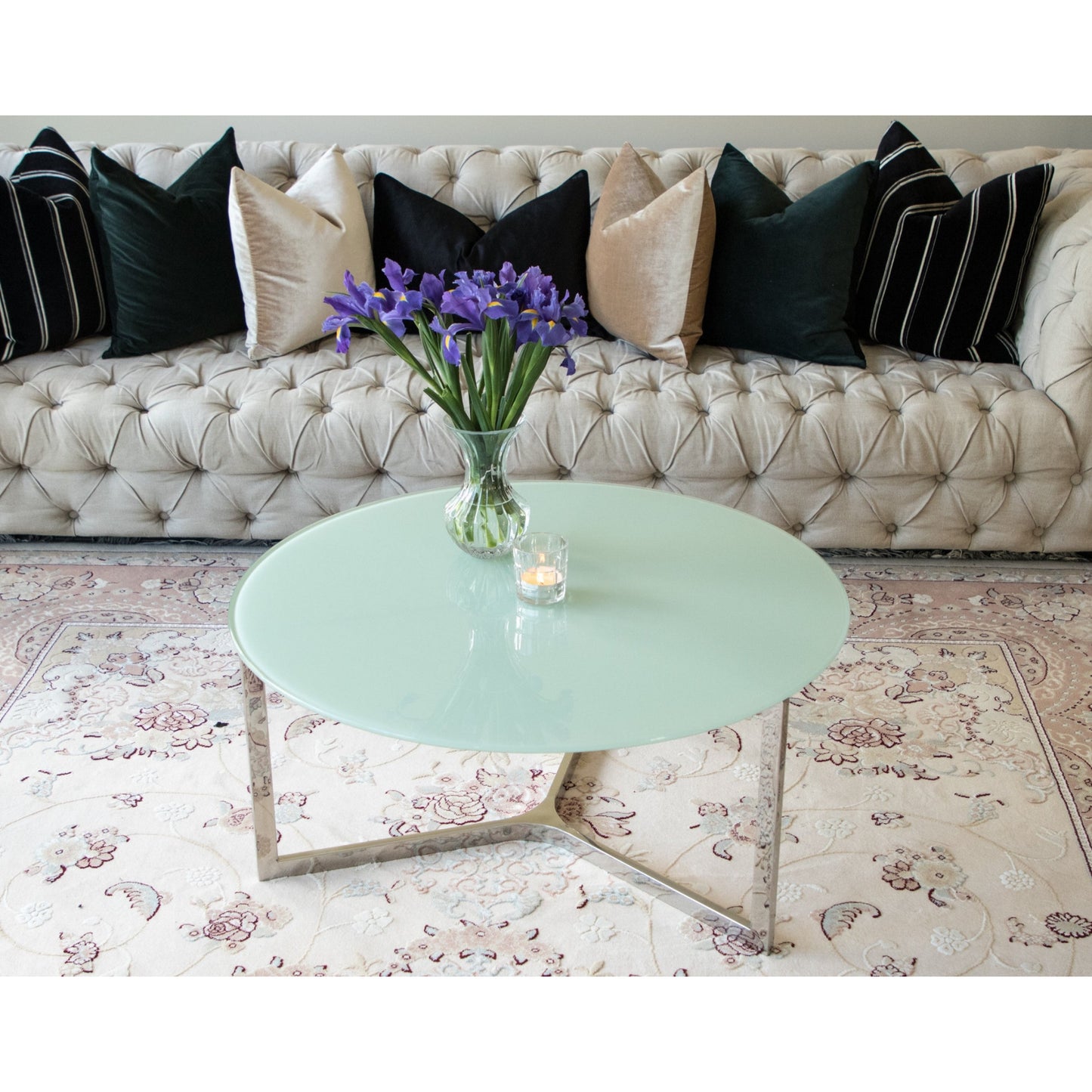 Olan Mirror Polished Stainless Steel Coffee Table with White Glass Top (pick up only)