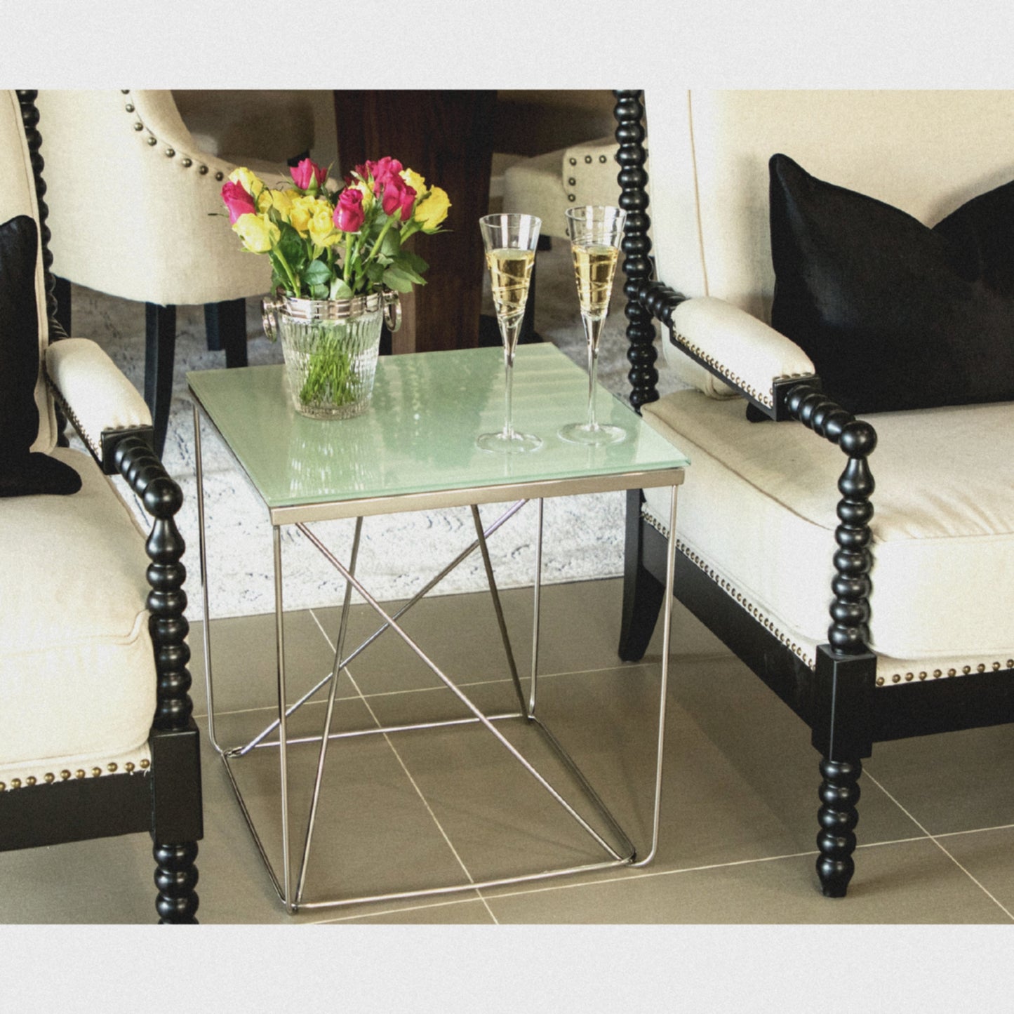 Avesta Mirror Polished Stainless Steel Side Table with White Glass Top