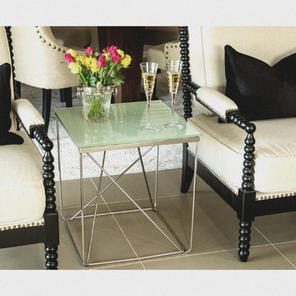 Avesta Mirror Polished Stainless Steel Side Table with White Glass Top