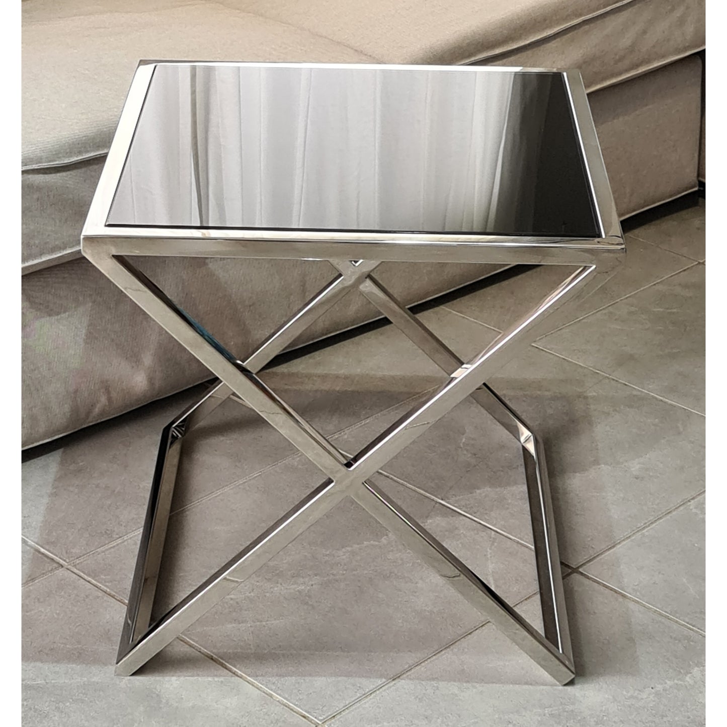 Lily Mirror Polished Stainless Steel Side Table with Black Tempered Glass Top