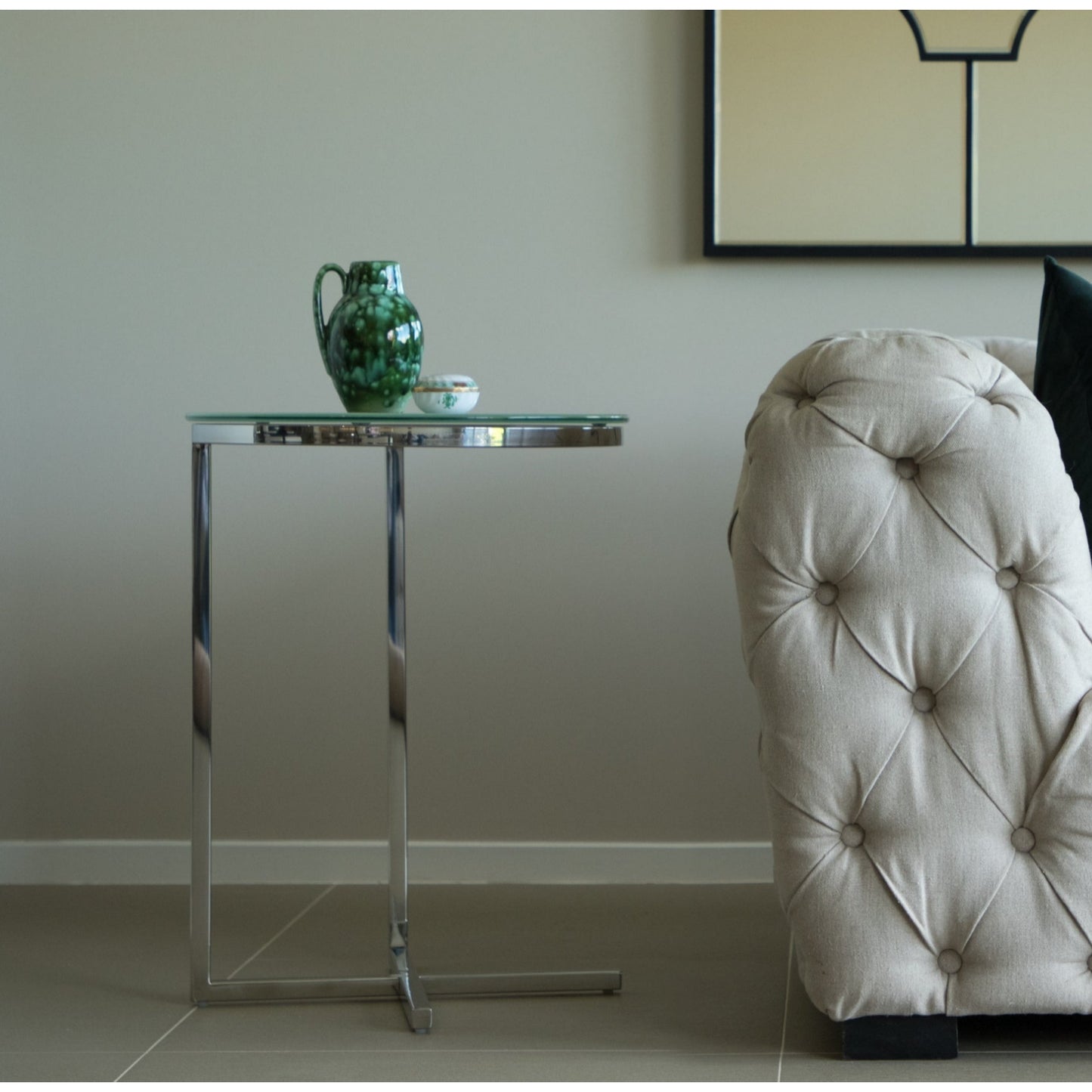 Zara Mirror Polished Stainless Steel Side Table with White Tempered Glass