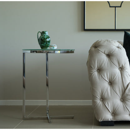 Zara Mirror Polished Stainless Steel Side Table with White Tempered Glass