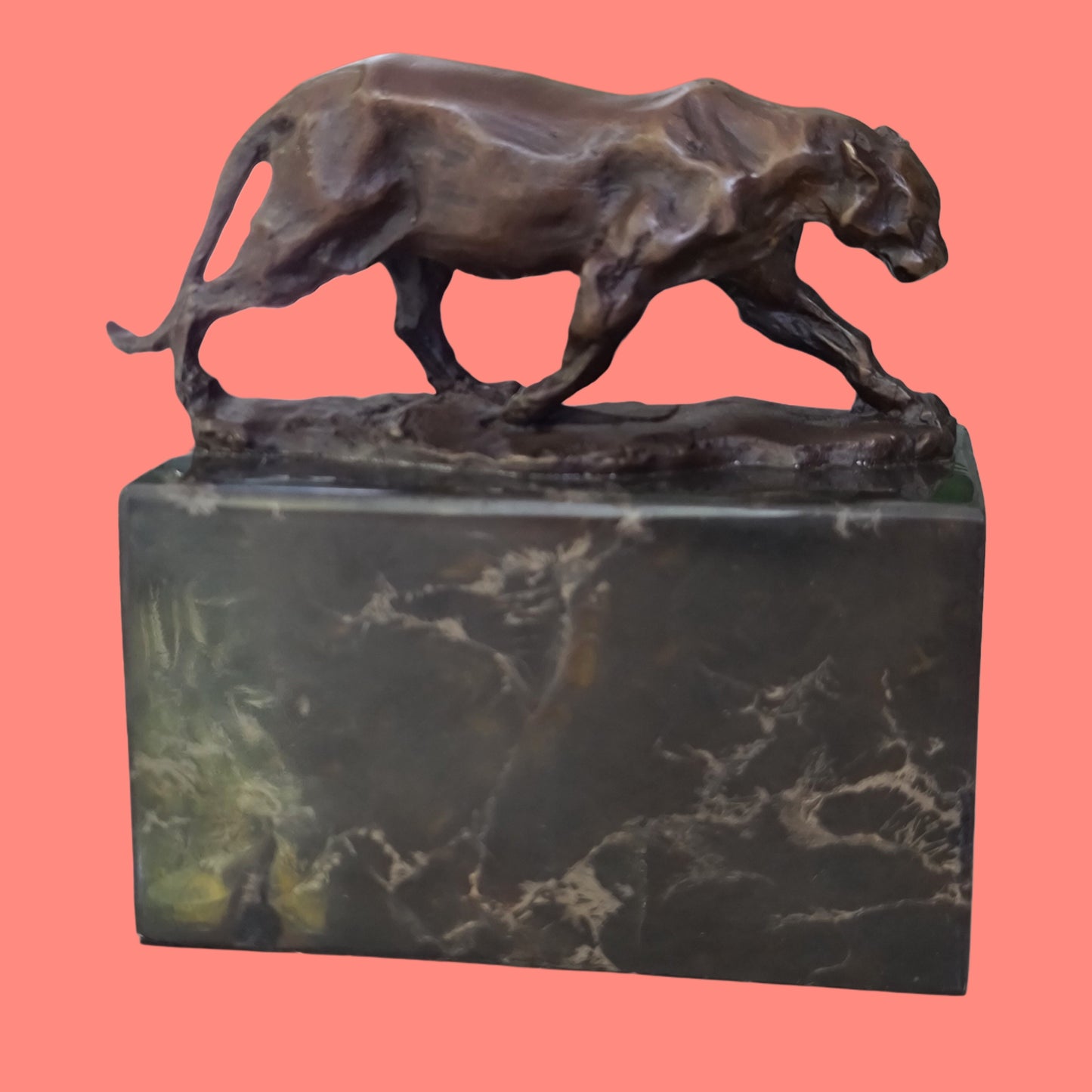 Leopard Cougar Bronze Sculpture On Marble Base