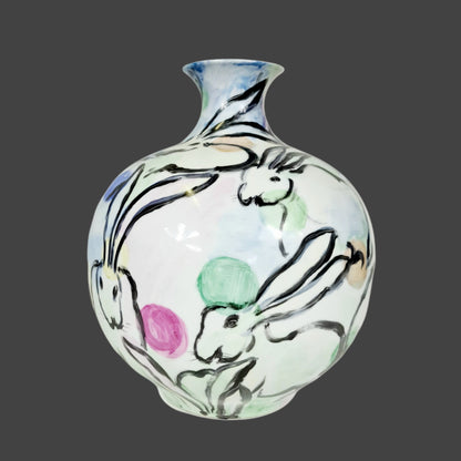 Hand Painted Vase Rabbits Grazing