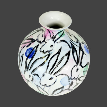 Hand Painted Vase Rabbits Grazing