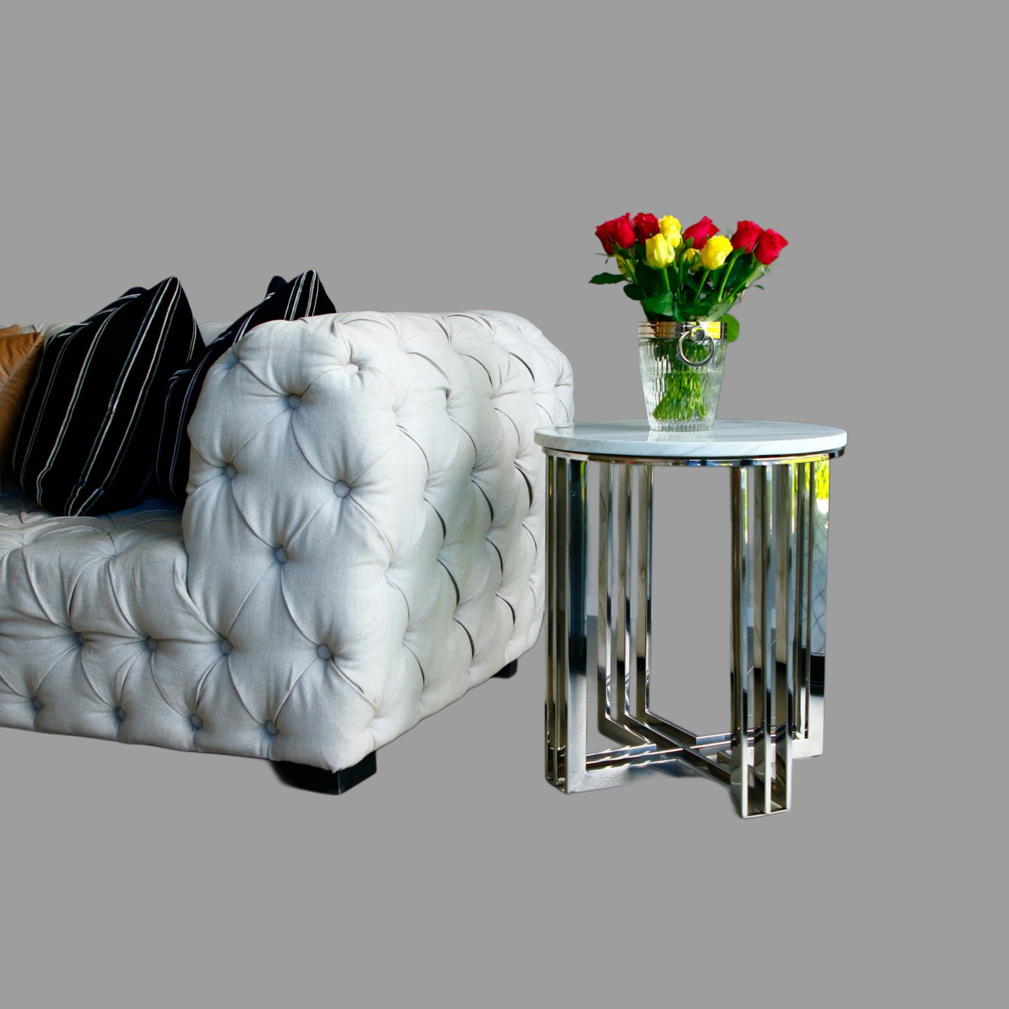 Royal Mirror Polished Stainless Steel Side Table with White Marble Top