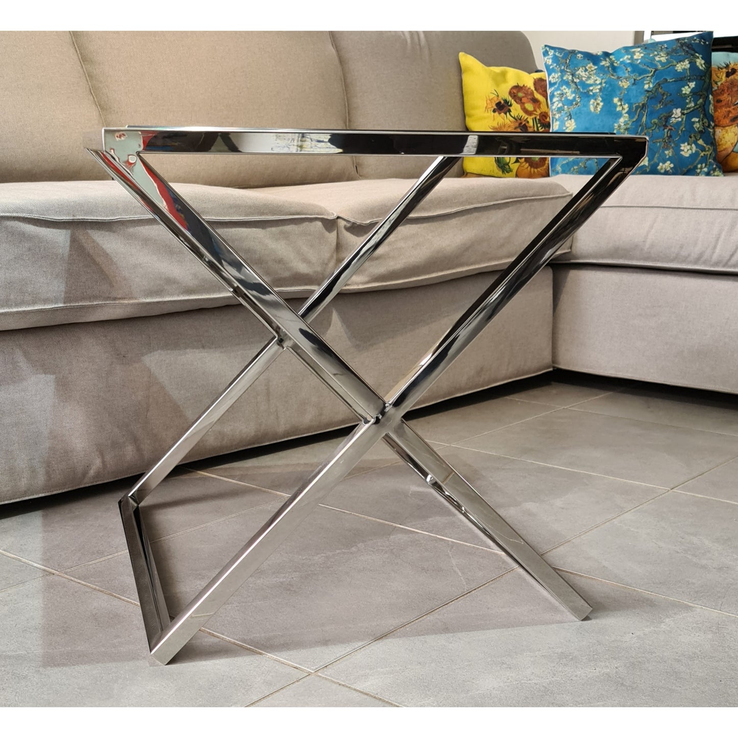 Lily Mirror Polished Stainless Steel Side Table with Black Tempered Glass Top