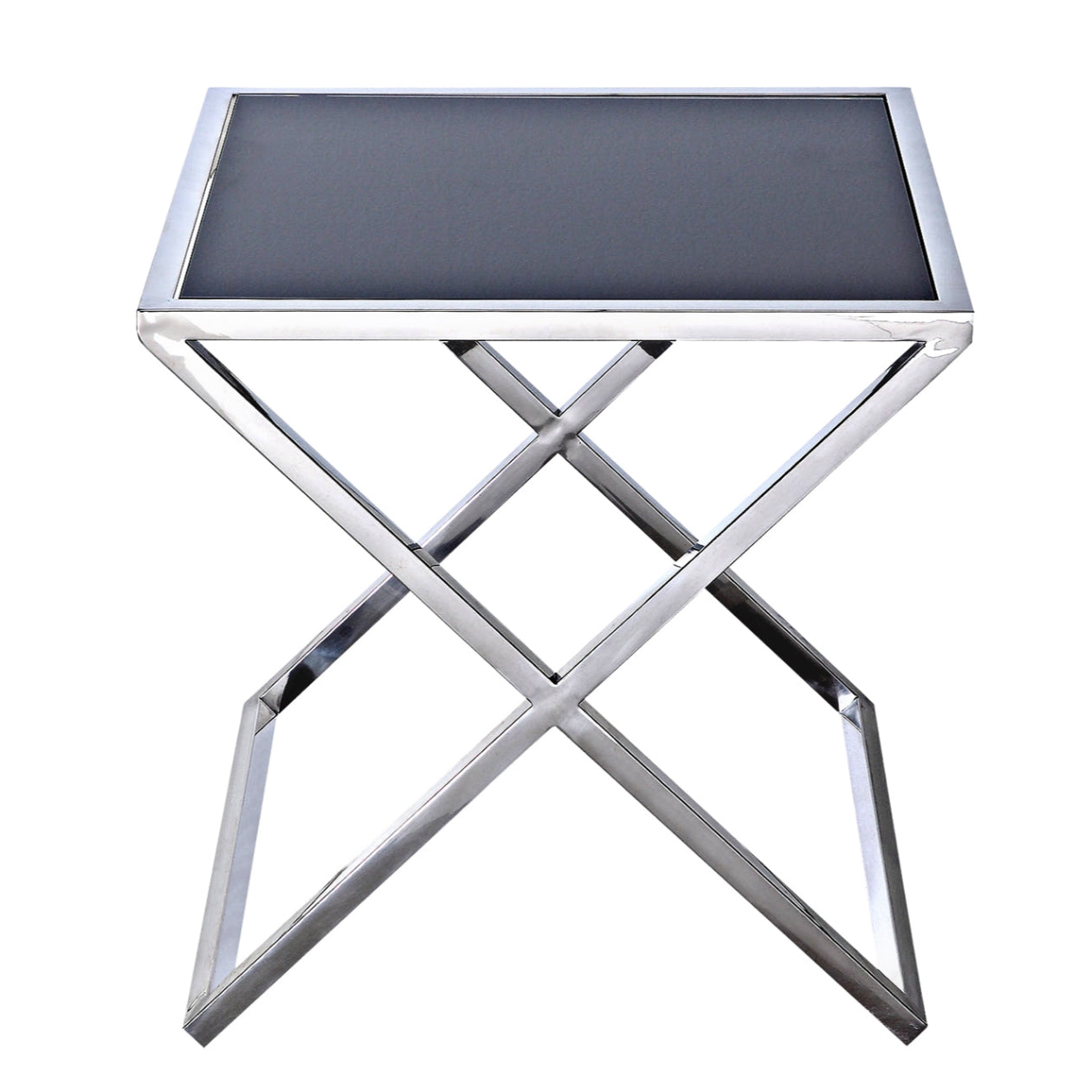 Lily Mirror Polished Stainless Steel Side Table with Black Tempered Glass Top