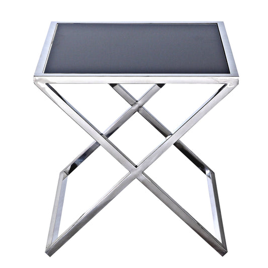 Lily Mirror Polished Stainless Steel Side Table with Black Tempered Glass Top