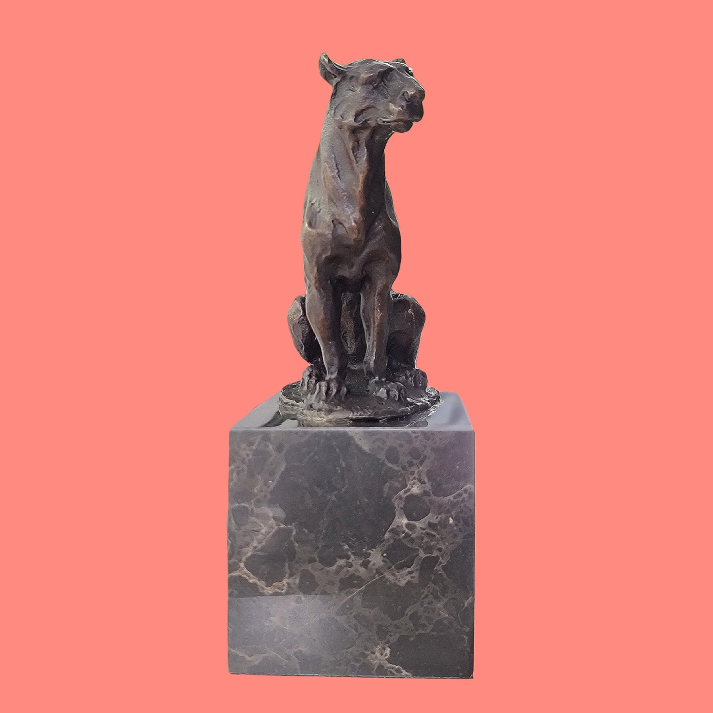   African Lion,Leopard, Cougar Bronze Sculpture On Marble Base 
