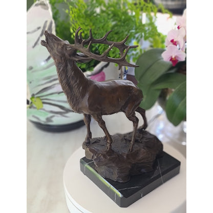 Art Elk Stag Buck Deer Hunter Bronze Marble Base Sculpture
