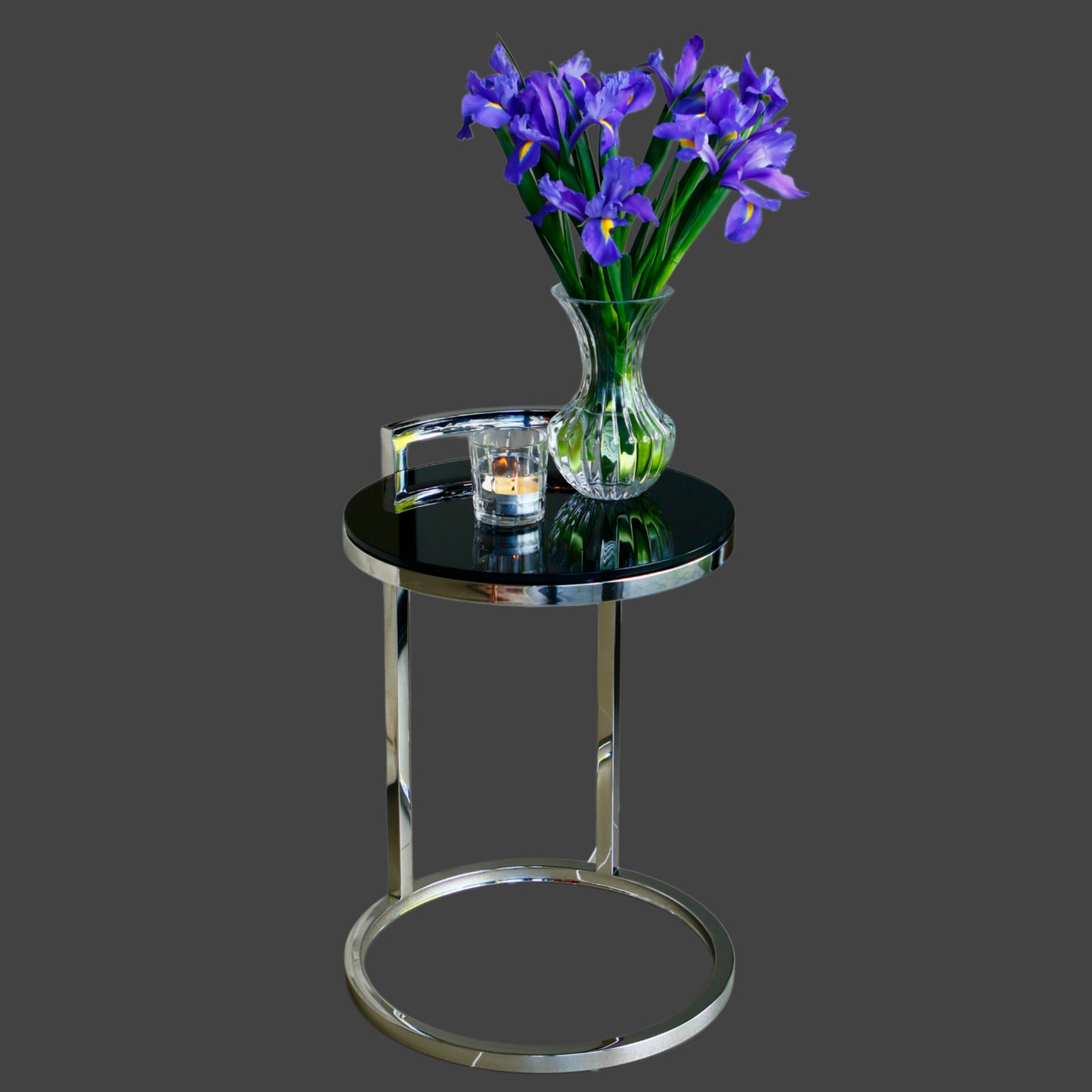 Azda Mirror Polished Stainless Steel Side Table with Black Tempered Glass