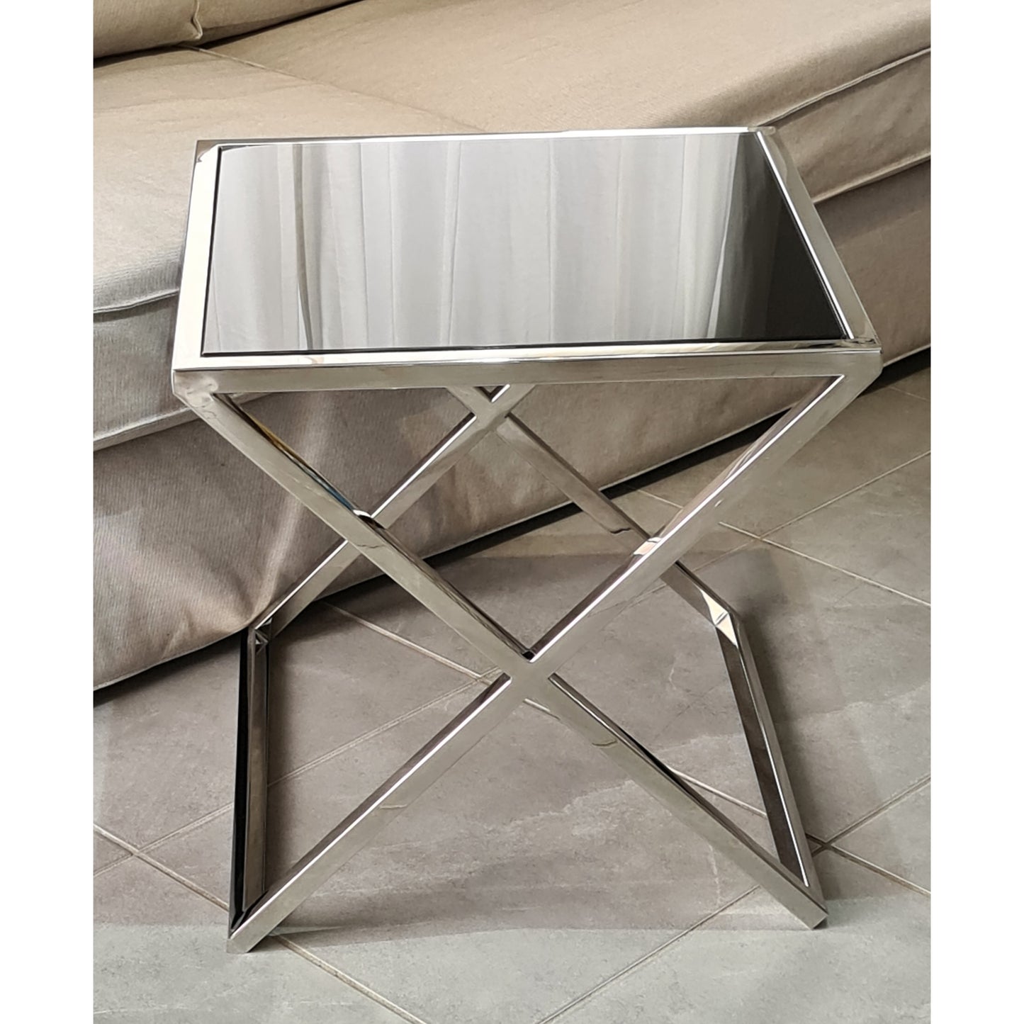 Lily Mirror Polished Stainless Steel Side Table with Black Tempered Glass Top