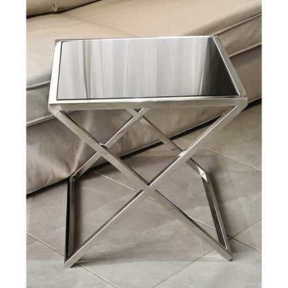 Lily Mirror Polished Stainless Steel Side Table with Black Tempered Glass Top