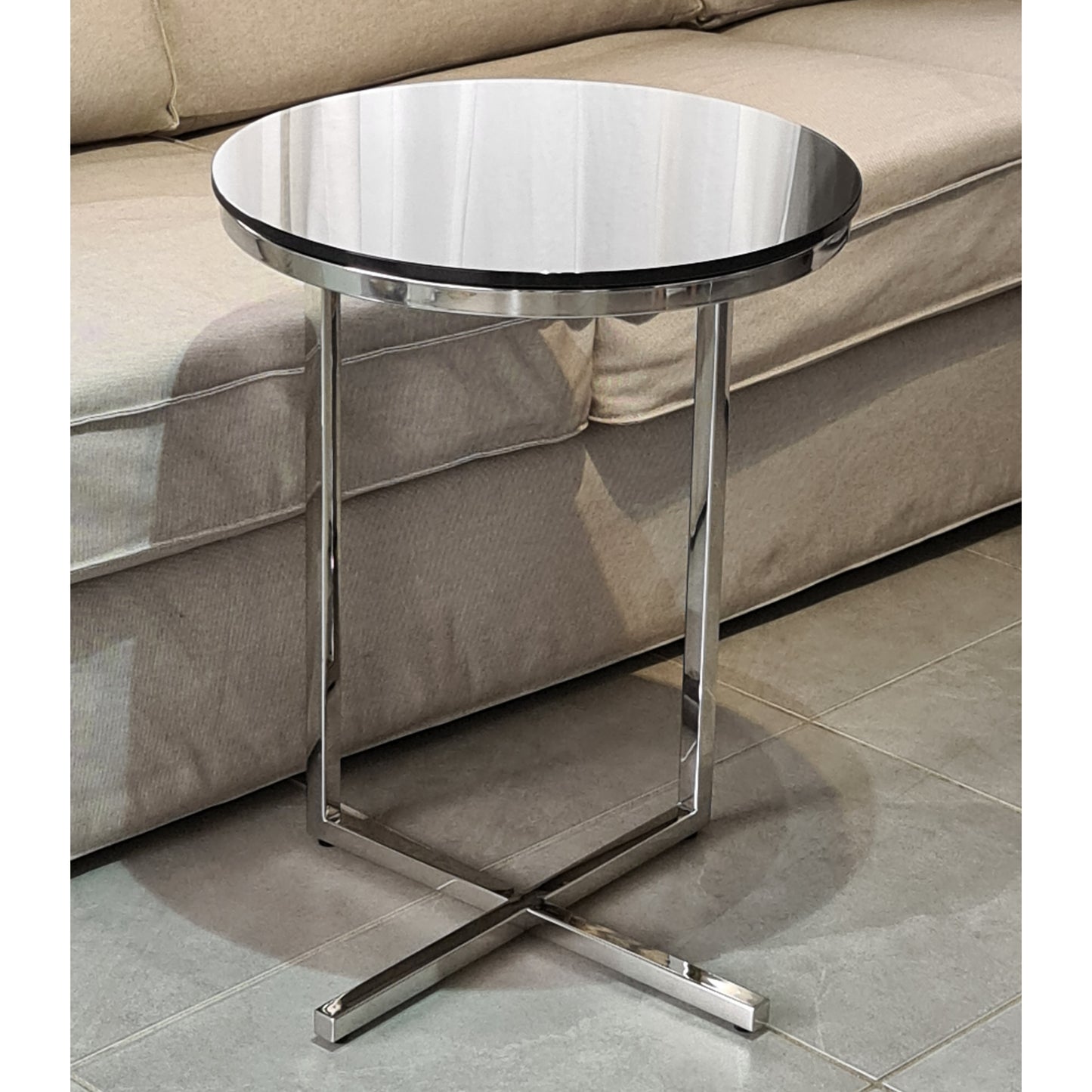 Zara Mirror Polished Stainless Steel Side Table with Black Tempered Glass